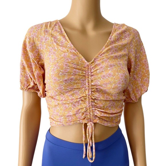 H&M Pink Yellow Cottagecore Floral Print Smocked Peasant Style Crop Top Sz Small - Picture 1 of 6